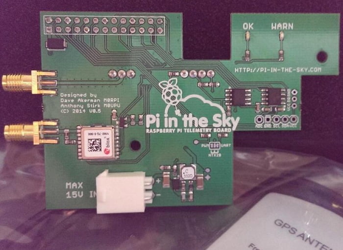 Pi In The Sky telemetry board for the Raspberry Pi, with GPS module and antenna connectors