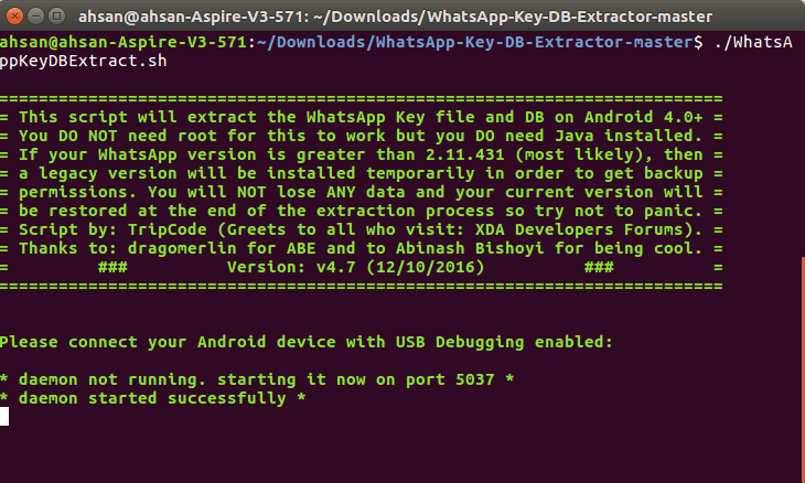 Ubuntu terminal running WhatsAppKeyDBExtract.sh, showing the script banner and a prompt to connect an Android device with USB debugging enabled
