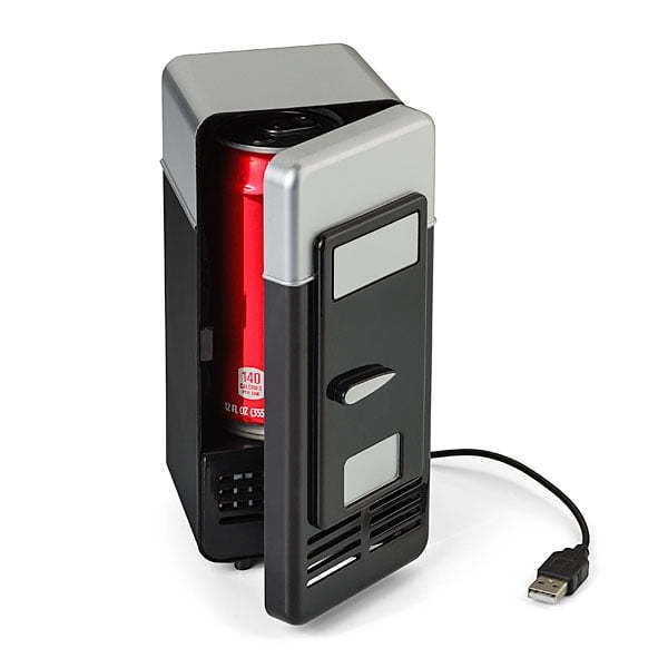 USB beverage cooler shaped like a miniature fridge, holding a drinks can, with its USB cable