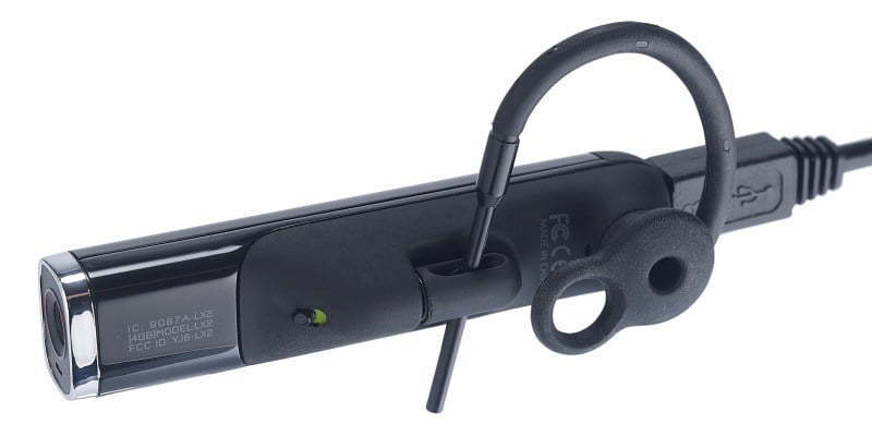 Looxcie LX2 camera connected by USB cable with its status LED lit green