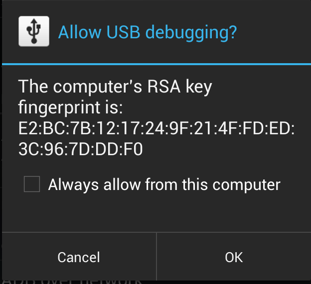 Android device prompting to allow USB debugging from the connected computer