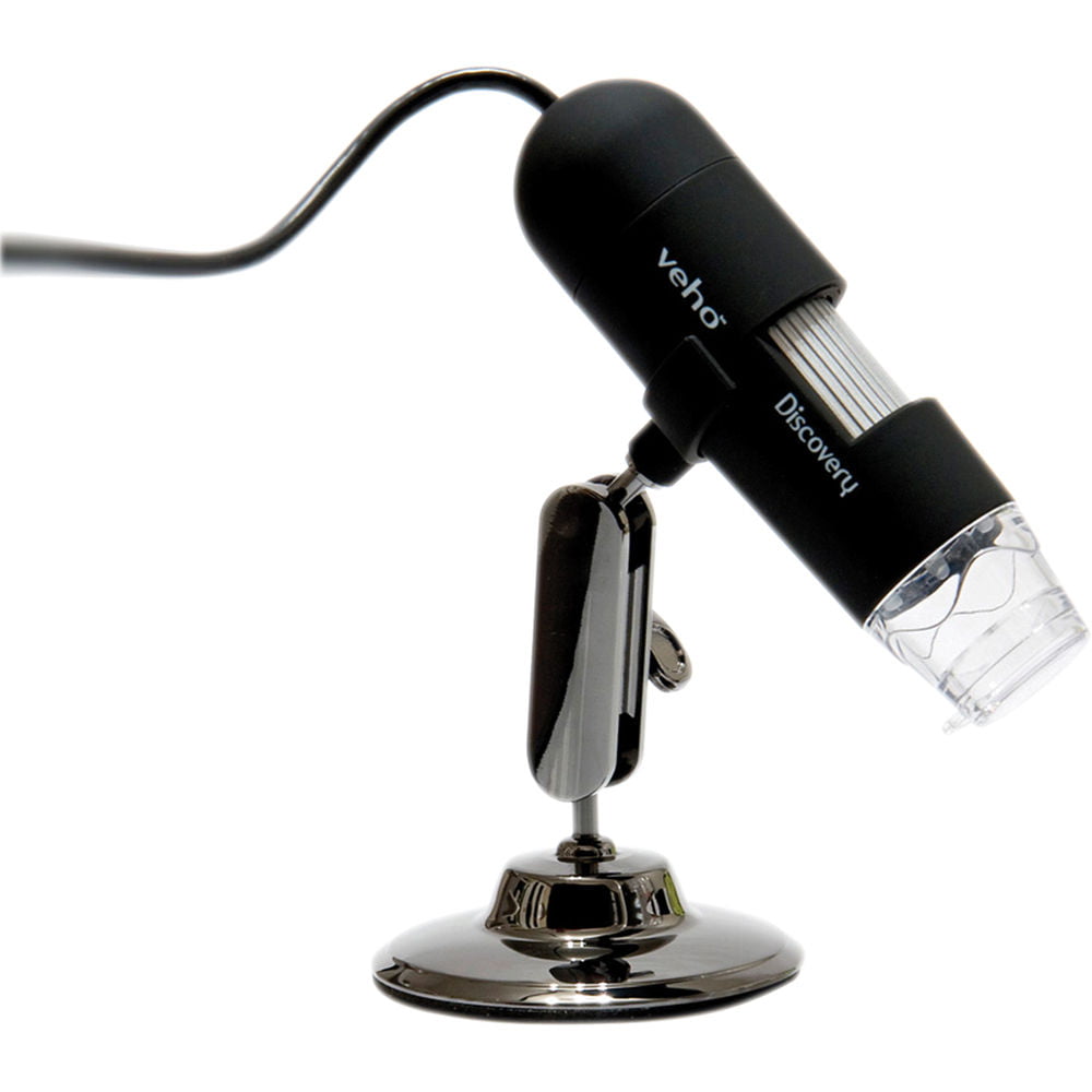 Veho Discovery USB microscope mounted on a metal stand