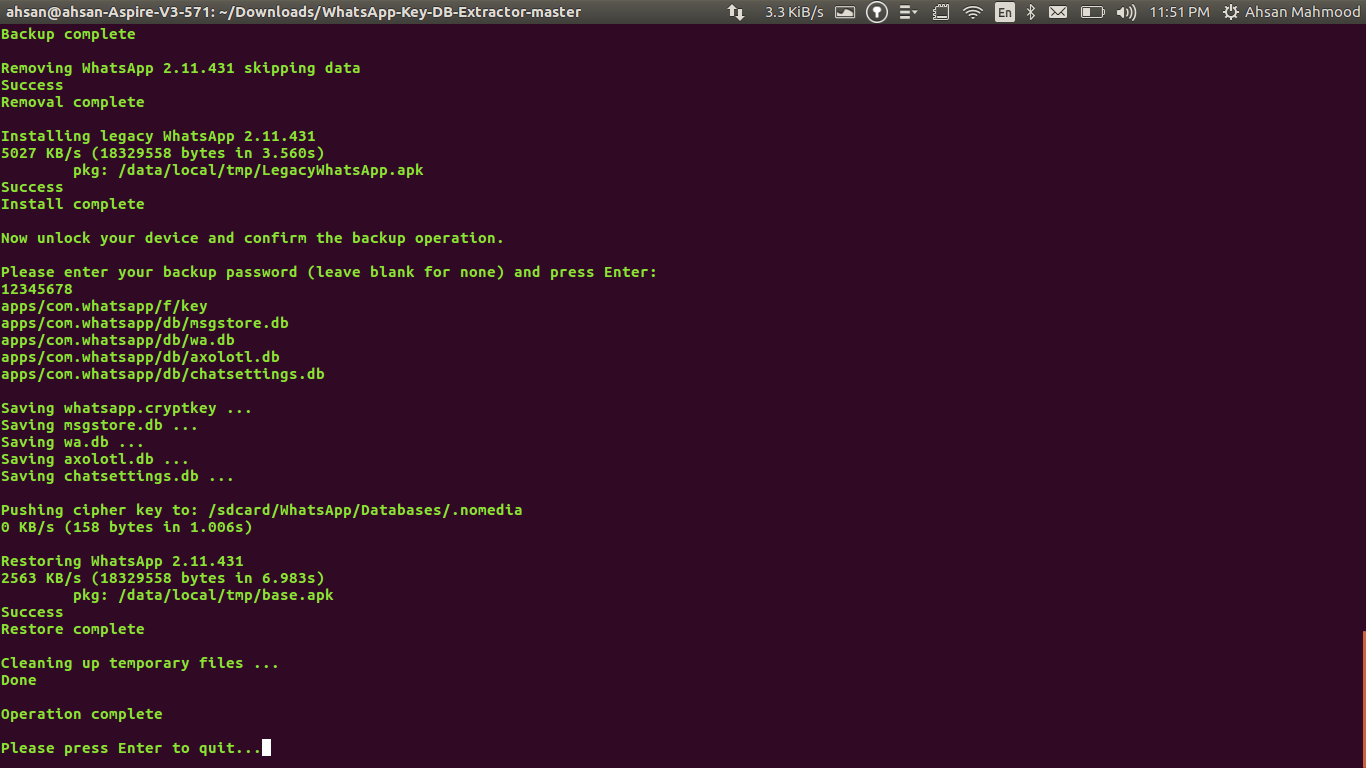 Terminal notification confirming the decryption has finished