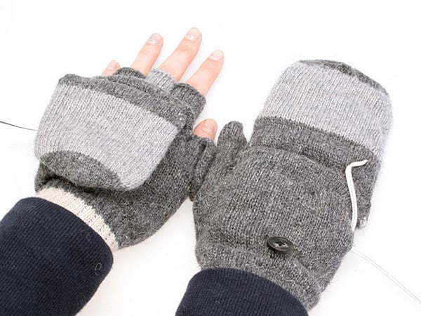USB heated hand warmers: grey fingerless knit mittens with fold-over tops