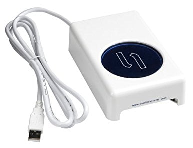 White USB cup warmer with a circular blue heating plate and USB cable