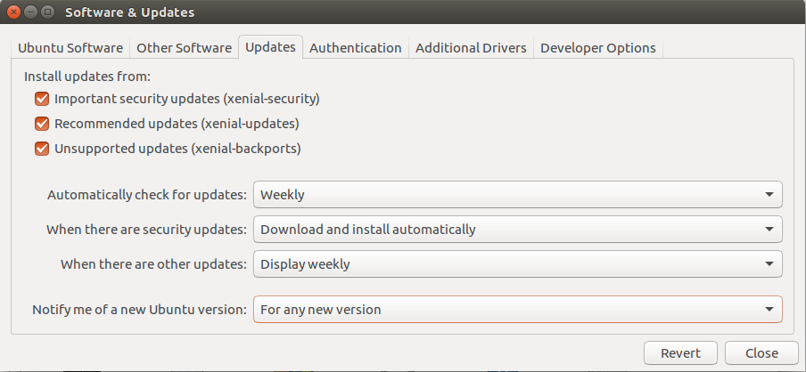 Ubuntu Software & Updates window on the Updates tab, with notification of a new Ubuntu version set to For any new version