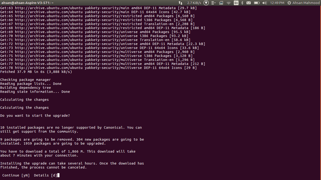 Terminal upgrade summary: 9 packages to remove, 304 new, 1959 to upgrade and 1,866 MB to download