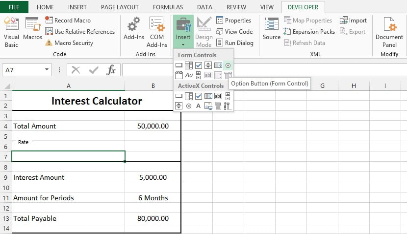 Group Box and option button excel form controls