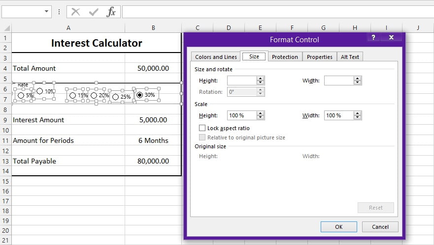 Group Box and option button excel form controls